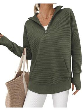 Quarter Zip Ribbed Knit Pullover Sweater with Thumb Hole Kangaroo Pocket